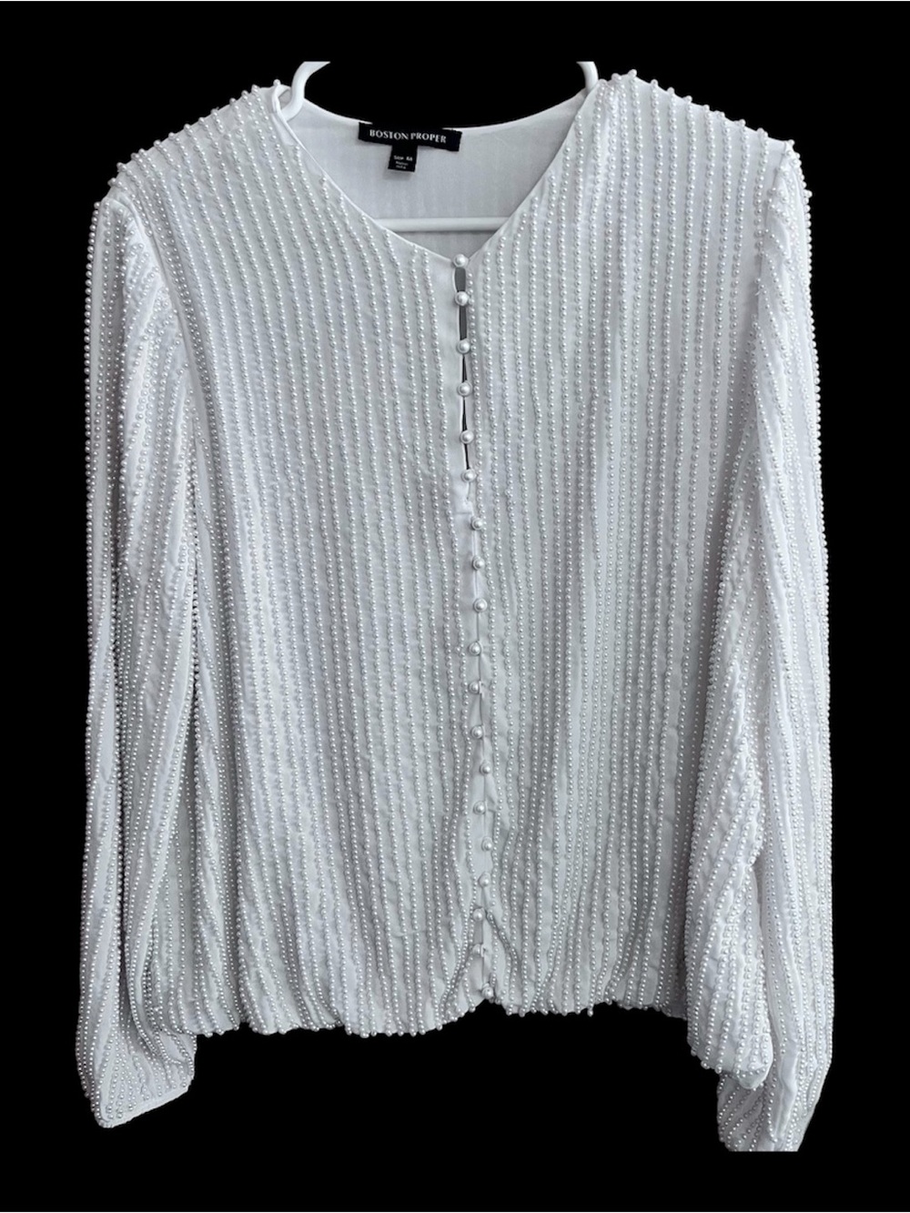Boston Proper White Pearl-Trim Long Sleeve Button Top
